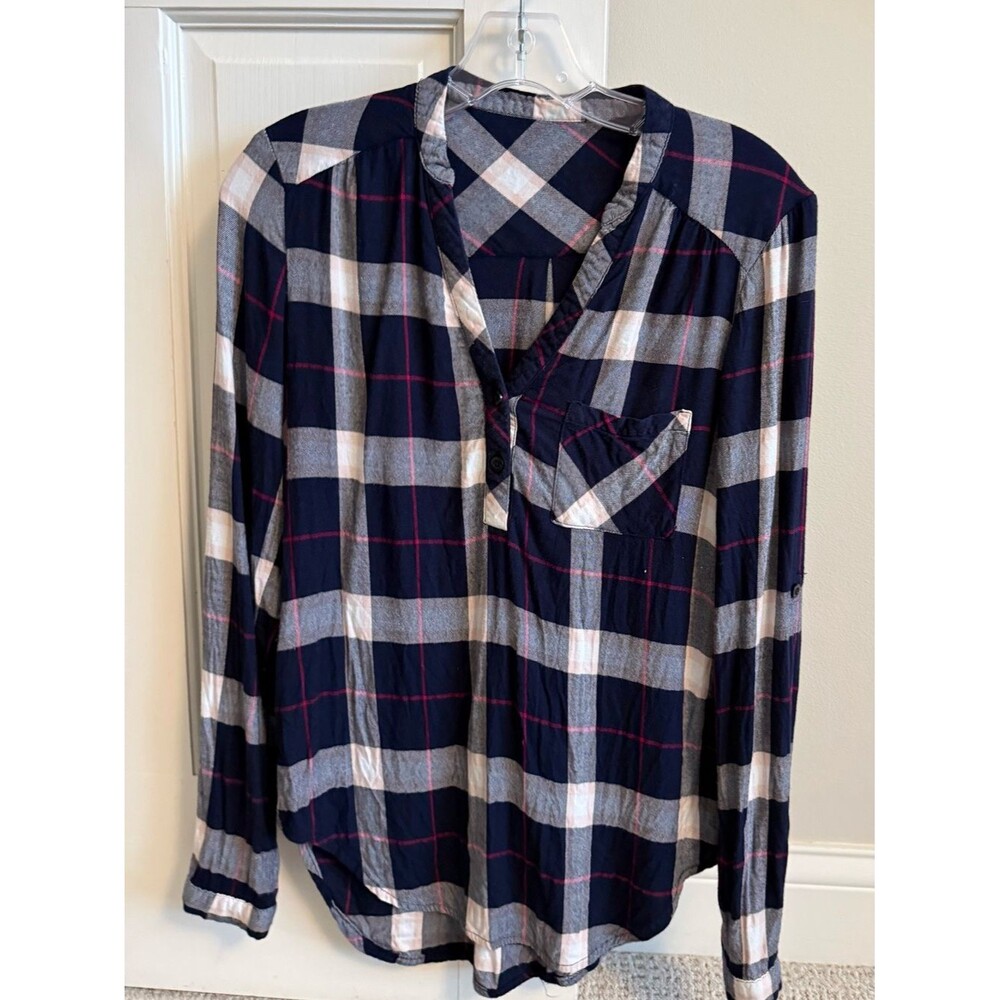 NSR Navy, White & Pink Plaid Button-Down Soft Lightweight Flannel Shirt XS